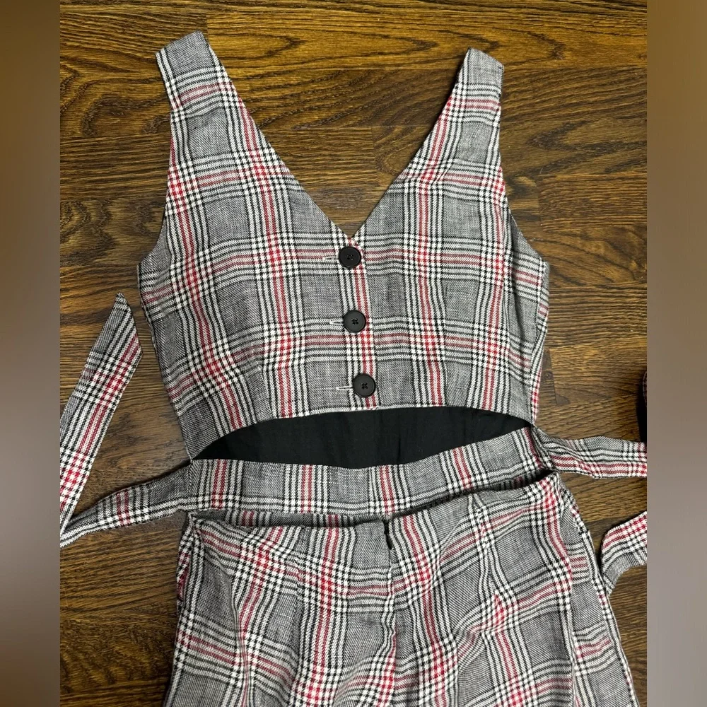 Mango Linen Wide Leg Jumpsuit, Grey Plaid, Size: XS